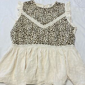 Umgee Sleeveless Tunic Babydoll Top Women’s Sz M leapord Cream Lace Flowy Boho